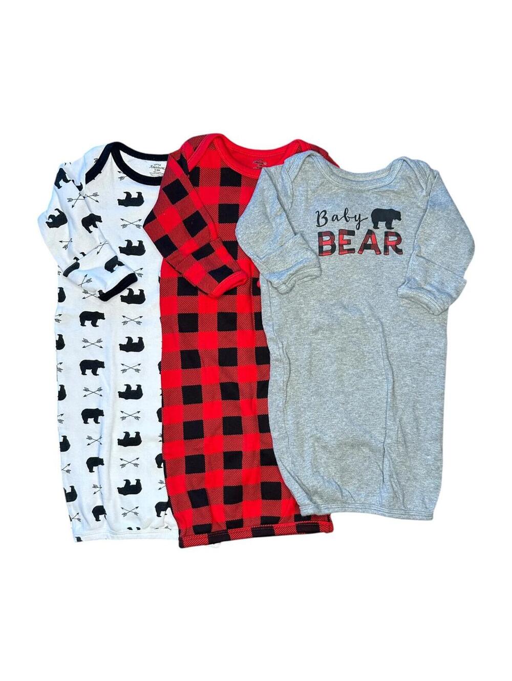 Little Treasure Baby Sleep Gown Lot of 3, 0-6M, White, Grey, Buffalo Plaid